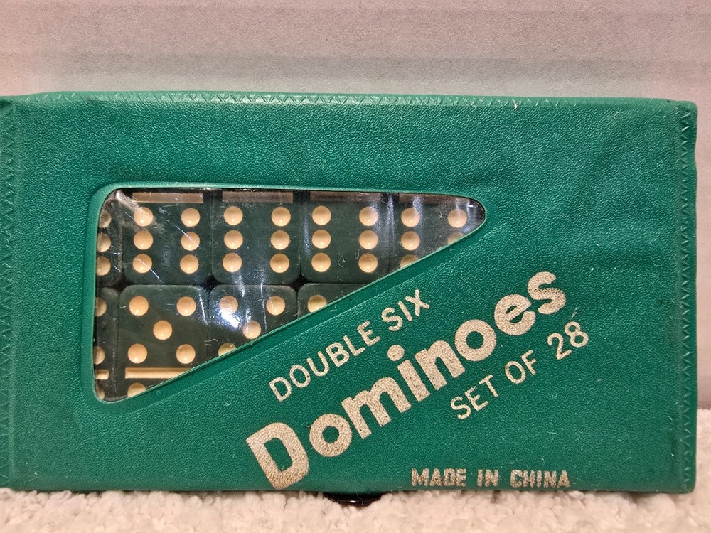 Vintage Double Six Standard Dominoes Set Of 28 In Original Case Green 3×5″ NEW
