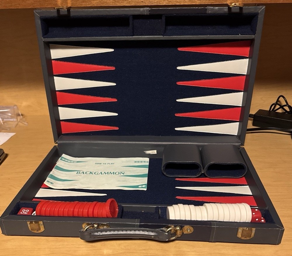 Vintage BACKGAMMON Travel Game Set Navy Blue Faux Leather Folding Case Compact
