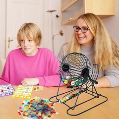 Deluxe Bingo Game Set – Metal Round Cage, 75 Colored Bingo Balls, 100 Bingo C…
