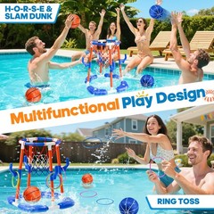 Pool Basketball Hoop 2-in-1 Floating Ring Game 4 Balls Pump Toys Outdoor