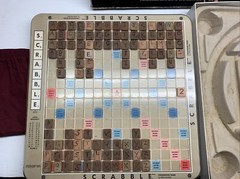 Scrabble Deluxe Edition Crossword Board Game Rotating Table- Incomplete Handmade