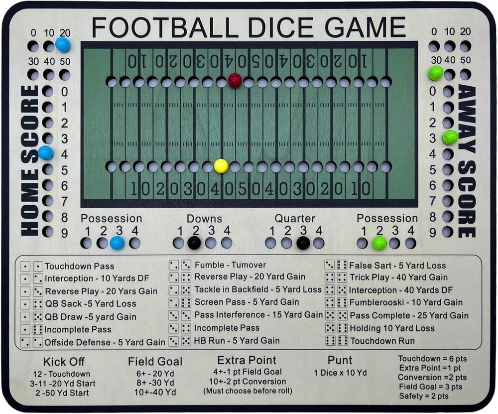 Football Dice Game – Tabletop Wooden Board Game with Scoring Track for Family Fu