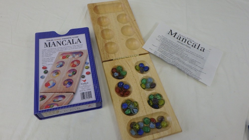 CARDINAL SOLID WOOD FOLDING MANCALA GAME w/ METAL TIN –