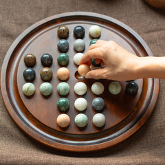 Deluxe Solitaire Game Set: 12.6” Solid Wooden Board, 32 Natural Marble Balls,