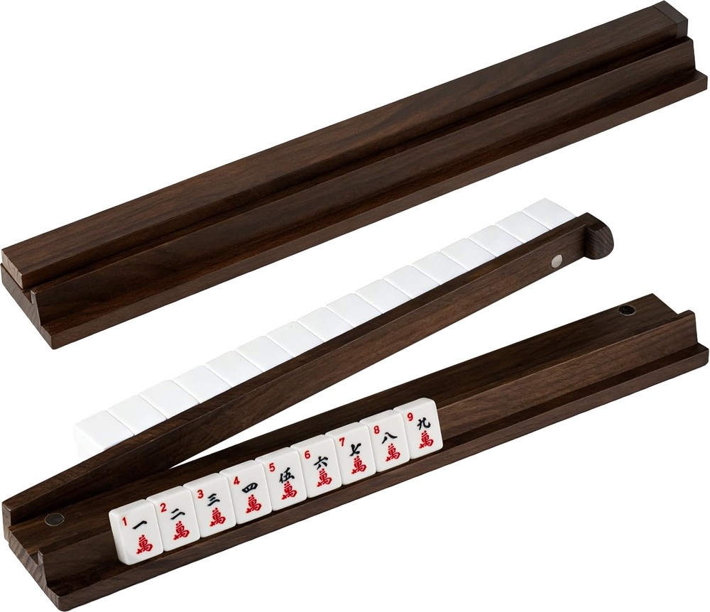 American Walnut Wood Mahjong Racks with Pushers, 4Pcs Mahjong Racks Set for Mahj