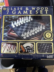 Cardinal Glass & Wood 7 Game Set Smoked Glass Board Wood Case Felt Drawer