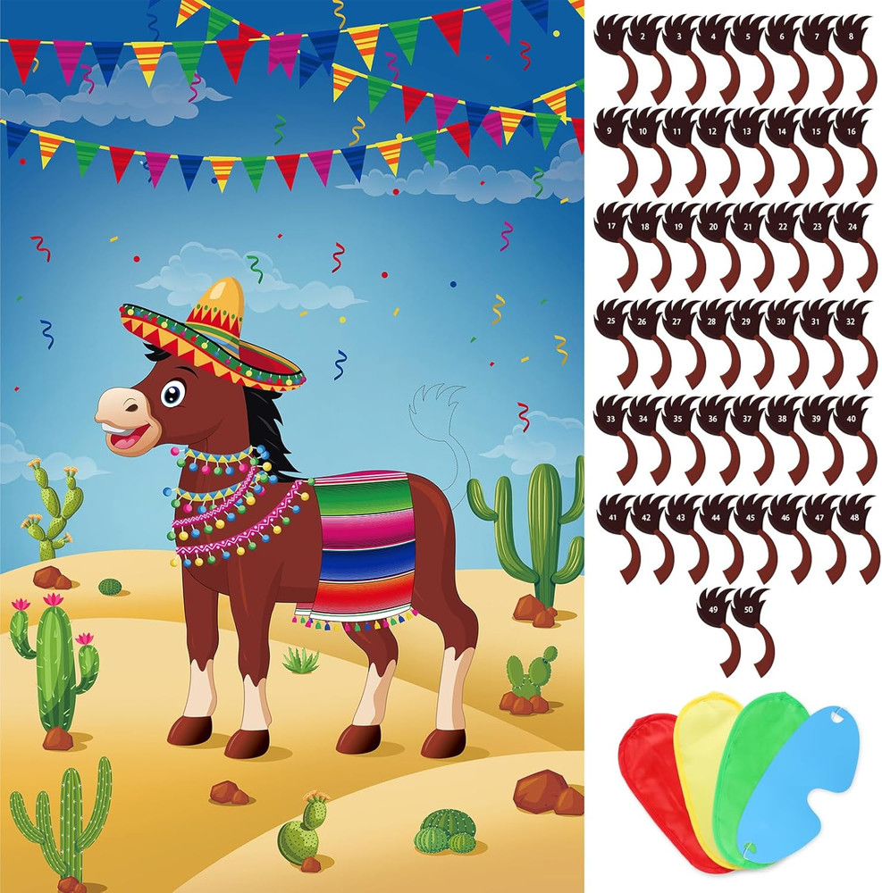 Pin The Tail On The Donkey Party Game with 50 Pcs Tails Large Mexican Donkey Gam