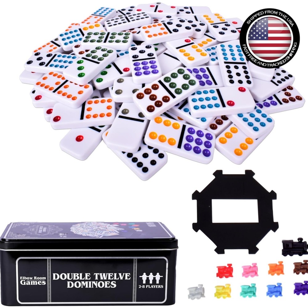 Mexican Train Dominoes Set – 91 Colorful Tiles with Storage Tin for 2-8 Players