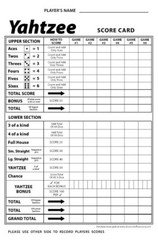 Yahtzee Score Card Pad Sheets Dice Game-One-Sided Front (300 Sheets)-Print USA !