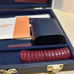 Vintage BACKGAMMON Travel Game Set Navy Blue Faux Leather Folding Case Compact