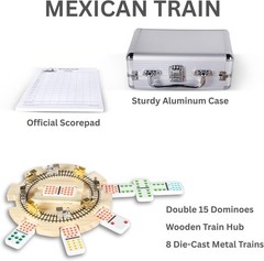 NEW Mexican Train Dominoes Set Double 15 Color Dots w Hub Trains Case