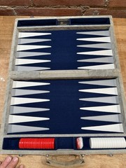 Vtg Skor-Mor Backgammon Set White blue & Grey Leather Briefcase W/Book & Manual