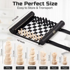 Roll Up Chess Set – 11 Foldable Leather Chess Mat with Wooden Chess Pieces – Por