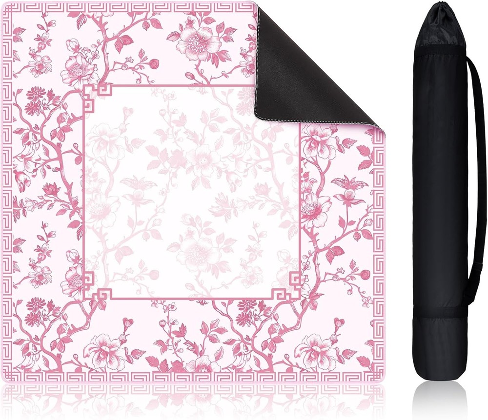 22 Inch Mini Chinoiserie Mahjong Mat for Travel Set Pink and White Floral Mahjon