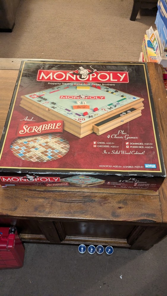 Monopoly Scrabble and 4 Classic Games Solid Wood Cabinet 2007 Parker Brothers