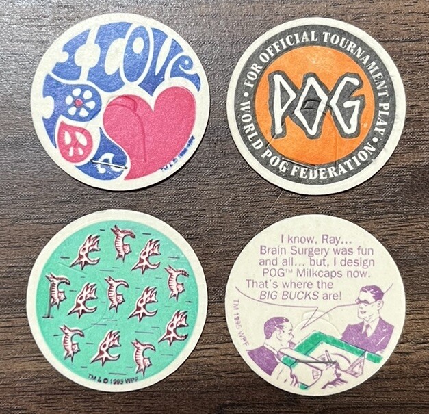 Lot of 4 Vintage Official World Pog Federation Milk Caps Pogs Tazos!