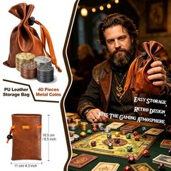 Metal Coin Set with Leather Organizer for Board Games, Dragons and Dungeons, …