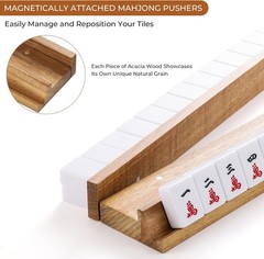 Wood Mahjong Racks,Set of 4 Tile Racks&Pushers, Complete with Storage Bag,Acacia