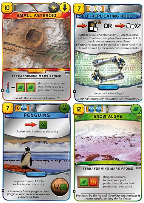 Terraforming Mars 4 Promo Card Set Small Asteroid, Snow Algae, Robots, Penguins