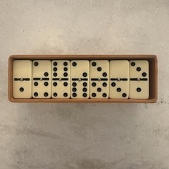 Vintage Double Six Dominoes Set Urea Pieces Metal Spin Wood Box Traditional Game