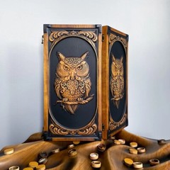 LUXURY Wooden BACKGAMMON Set Handcrafted Game New Board 48cm (19″), Carved, OWL