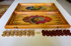 UKRAINE Ooak BACKGAMMON Wood Carved Board Set Bas Relief Knight Woman w/ Arrow