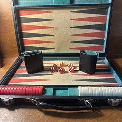 VTG Backgammon Board Game Set Faux Leather Brown Tan/black-red Stripes 18X12”