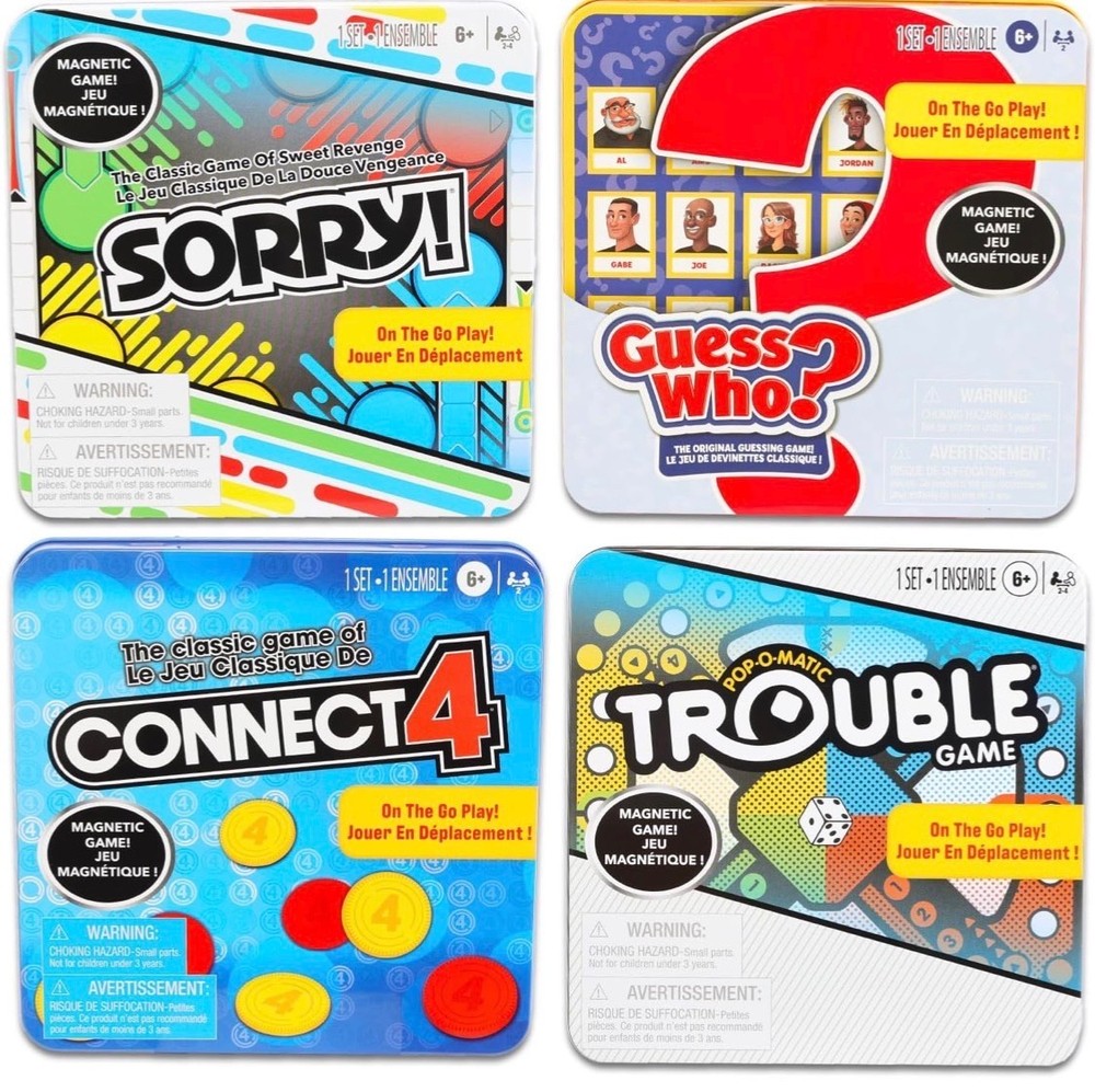 Magnetic travel games, including Sorry!, Connect 4, Trouble, Guess Who