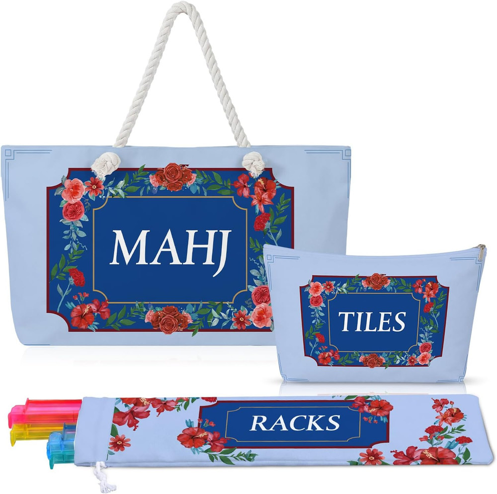 Mahjong Bag Set for Tiles and Racks Cotton Canvas 24x13x4.7 Inch Red Flowers