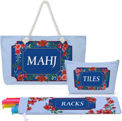 Mahjong Bag Set for Tiles and Racks Cotton Canvas 24x13x4.7 Inch Red Flowers