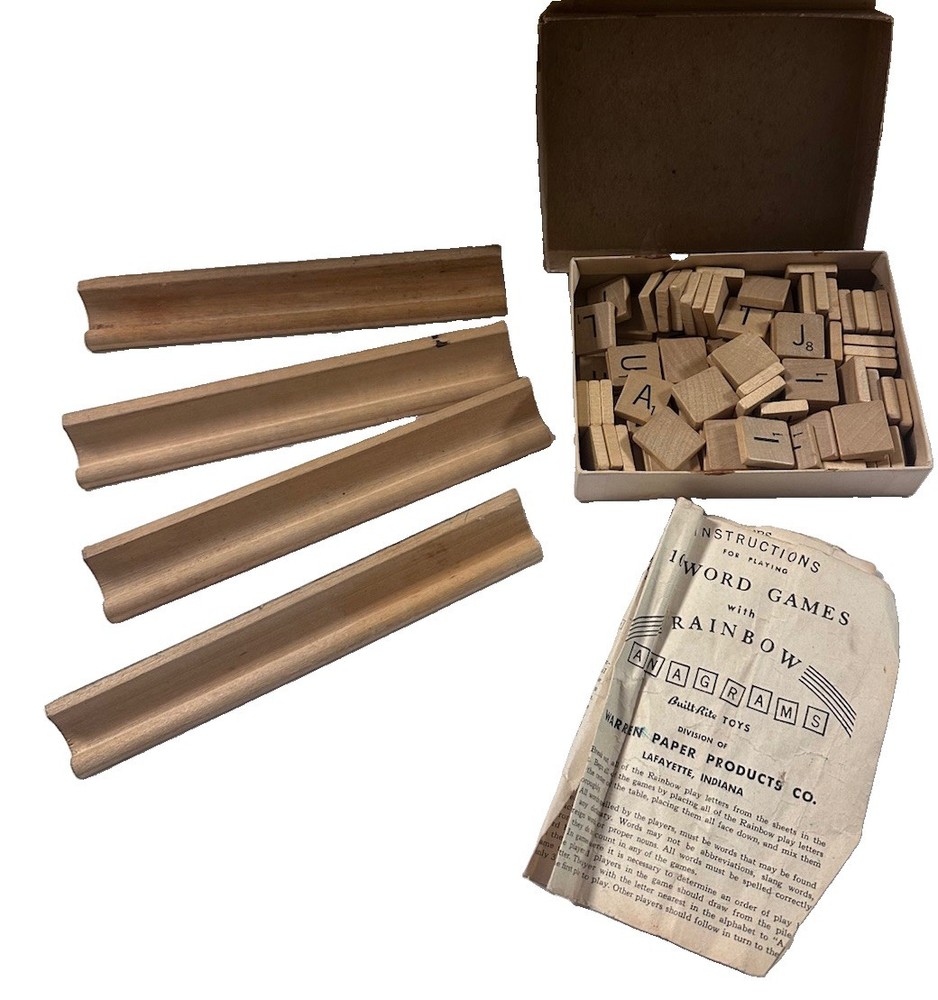 Vintage Built Rite Rainbow Anagrams Box, Manual, 4 Wood Racks + 99 Wood Tiles