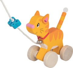 goki 54896 Pull Along Cat Wooden, Pull Along Toy with Animal Print, Learning