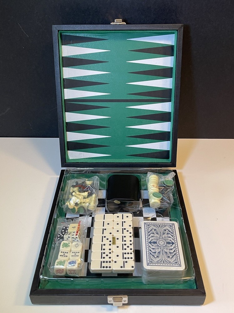 VTG 5 In 1 Compact Travel Game Set Chess~Backgammon~Checkers~Domino~Poker Dice