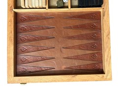 Vintage Backgammon Game Hand Tooled Leather Wood Wooden Brass Piece Hand Made