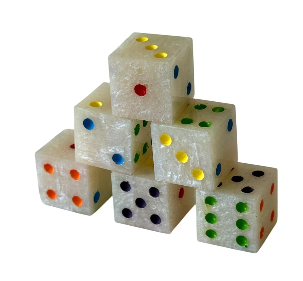 Resin Dice Set 6pcs – Classic Rainbow Dots Pearl – Handmade Replacement Dice Gam