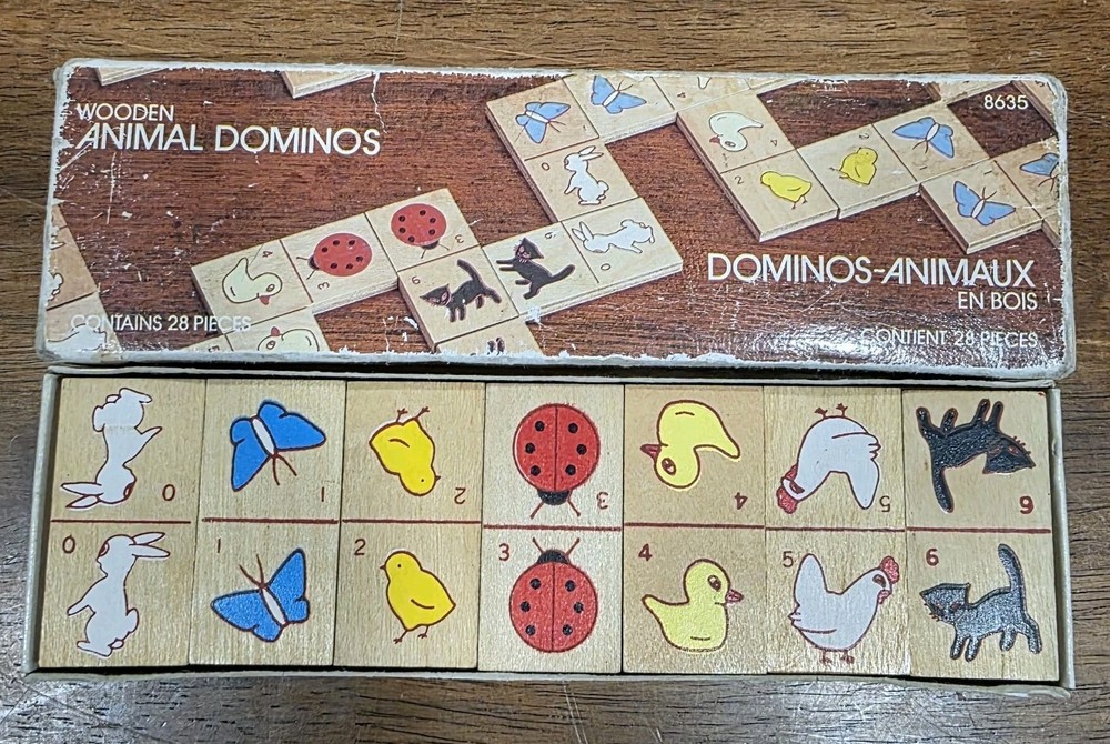 Vintage 1985 Children’s Wooden Animal Dominoes 28 Piece Set In Original Box