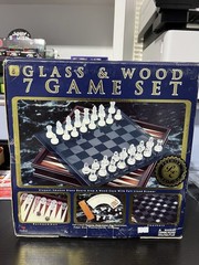 Cardinal Glass & Wood 7 Game Set Smoked Glass Board Wood Case Felt Drawer