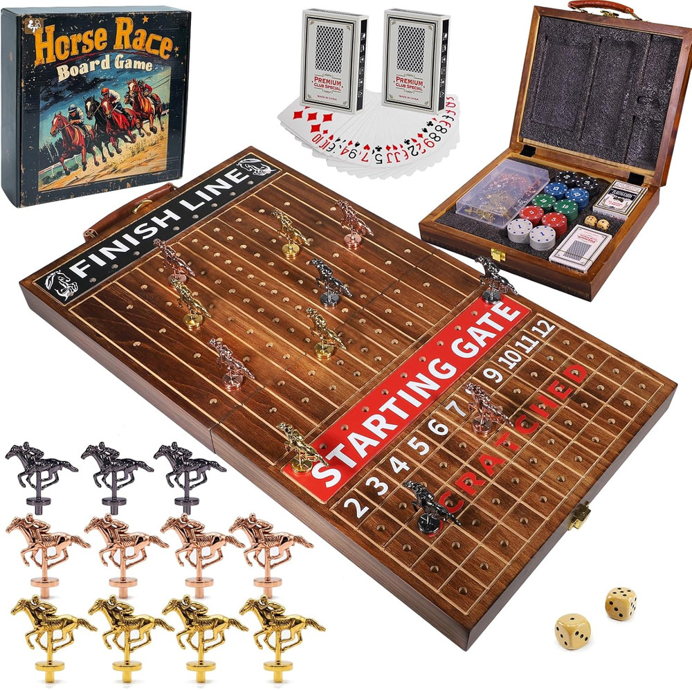 Horse Racing Board Game with 11 Luxury Metal Horses, Foldable Wood Horse Race Ga