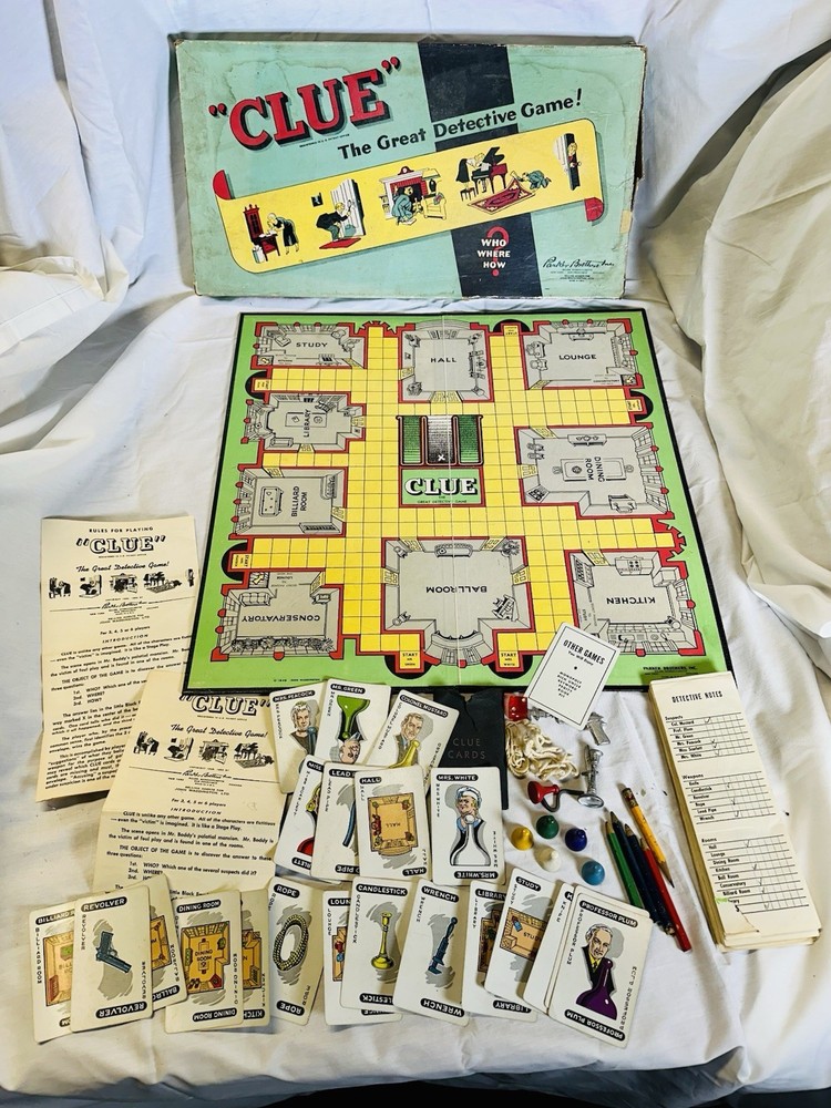 100% COMPLETE 1949 Vintage CLUE Board Game Parker Brothers Long Box Antique