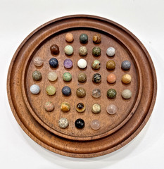 Vintage Wooden Solitaire Game with 37 Semi-Precious Stone Marbles