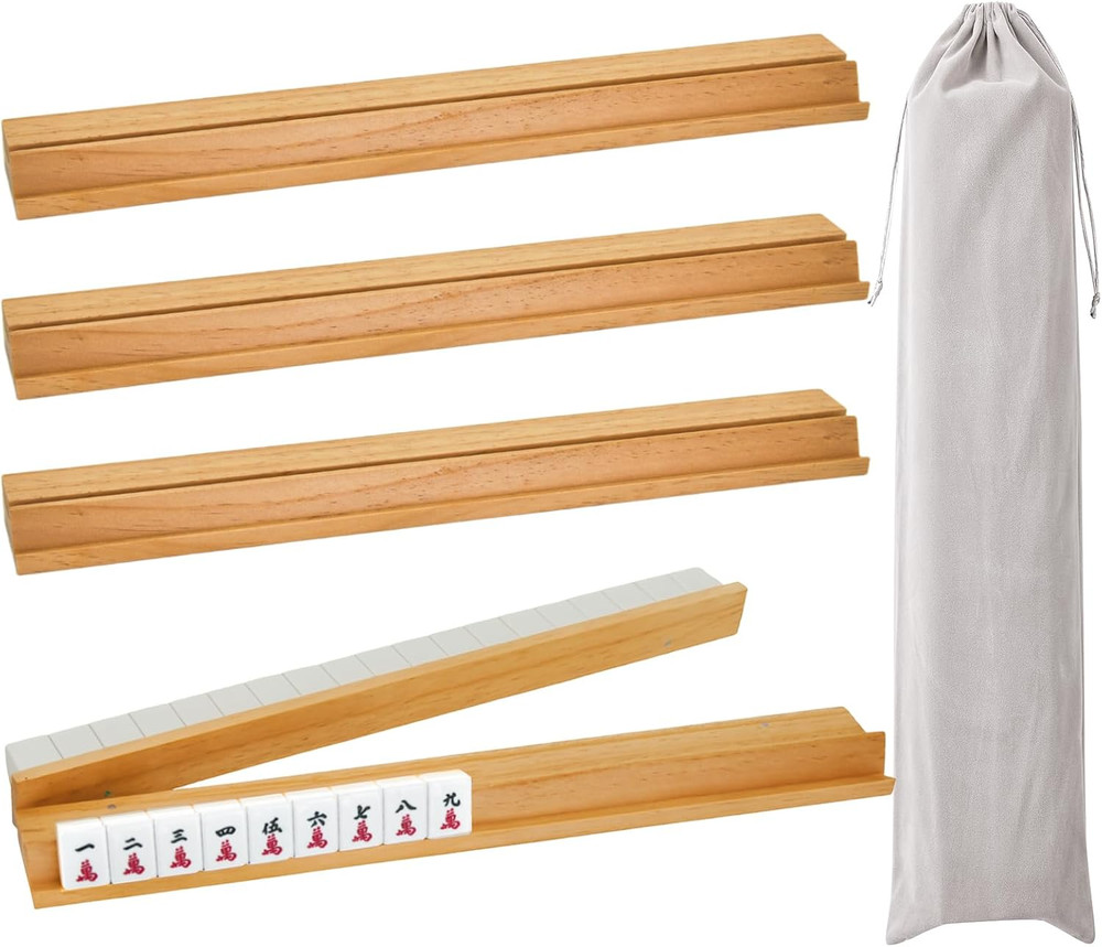 4PCS Wooden Mahjong Racks with Magnetic Pushers 17.4 in Natural Wood