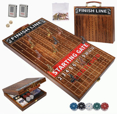 Wooden Finish Line Horse Racing Game with 11 Metal Horses, Dice, Cards Set Box