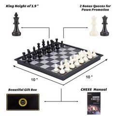 Magnetic Folding Chess Set 10 Inch Plastic Pieces Travel Board Game 2 Extra Q…