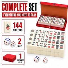 Travel Mini Mahjong Set 144 Tiles 2 Dice Red Carry Case Family Tabletop Game Toy
