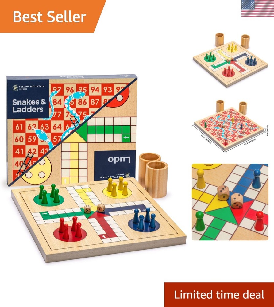 Classic 2-in-1 Wooden Snakes and Ladders & Ludo Game for Family Fun – 11.3 in