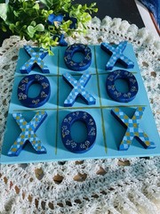 Customized Tic Tac Toe Game Board Blue Floral Design Wooden