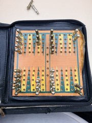 Vintage Travel Backgammon Wood Metal Pegs Board Game Set Zipper Case Complete