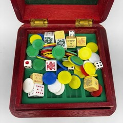 Vintage Cube Compact Portable Multi Game Set in Wooden Dice Box Japan Cards
