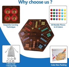 NEW 20in Wood Wahoo Marble Board Game 2 Sided 4-6 Player Rustic Brown 6Dice