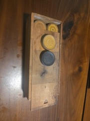 Lot of Vintage Wood Checkers In A Slide Top Dovetailed Wood Box- 30 Checkers.